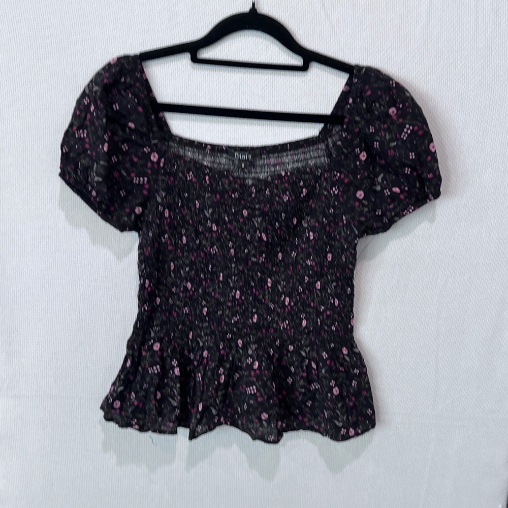Dark‎ Ditsy Floral Smocked Peplum Top Puff Sleeve Square Neck Small Milkmaid